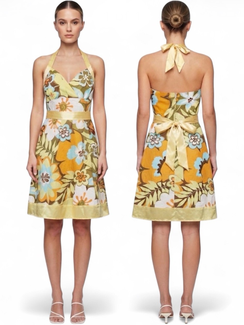 VTG Y2K 2000’s PULSE - Size small - Yellow Multi-Color Floral Halter Dress